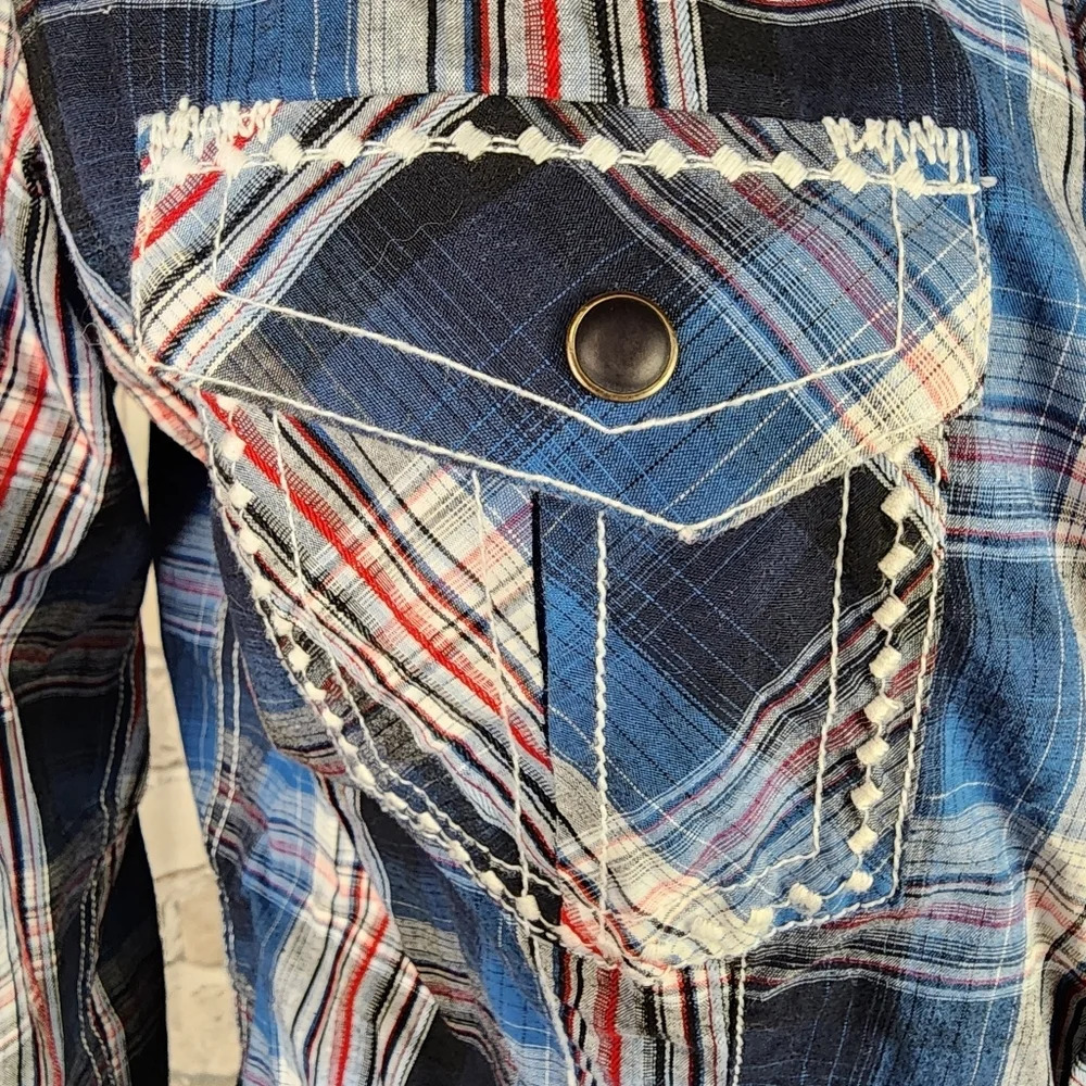 Panhandle Slim Plaid Pearl Snap Shirt  Embroidered Blue Red Size Medium - Picture 5 of 16